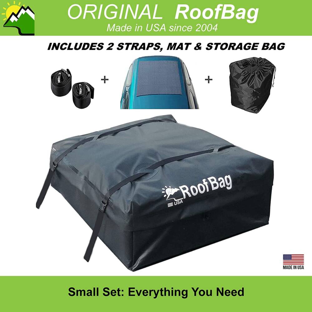 RoofBag Rooftop Cargo Carrier, Original Roof Bag Made in USA for Any Car Size with or Without Roof Rack. Waterproof Roof Cargo Bag 15 cu ft Includes Straps, Protective Mat, Storage Bag (2) Deluxe 2-Bike Trunk Mount Rack, Model 102DN-R, Black