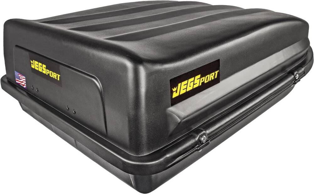 JEGS Rooftop Cargo Carrier for Car Storage - Large Roof Rack Cargo Carrier - Heavy Duty Waterproof Storage - Made in USA - 18 Cubic Ft - 110 Lb Capacity - Zero Tool Easy Assembly - Aerodynamic Design JEGS Rooftop Cargo Carrier